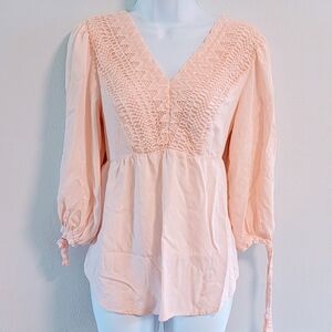 M Melissa Paige Crochet Babydoll Boho Coquette Fairy Peasant 1/2 Sleeve V-neck